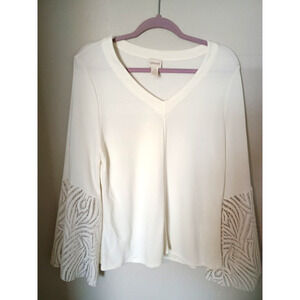 Chico's Ivory Cream V-Neck Knit With Lace Flared Trumpet Sleeve Tunic Top 2 or L